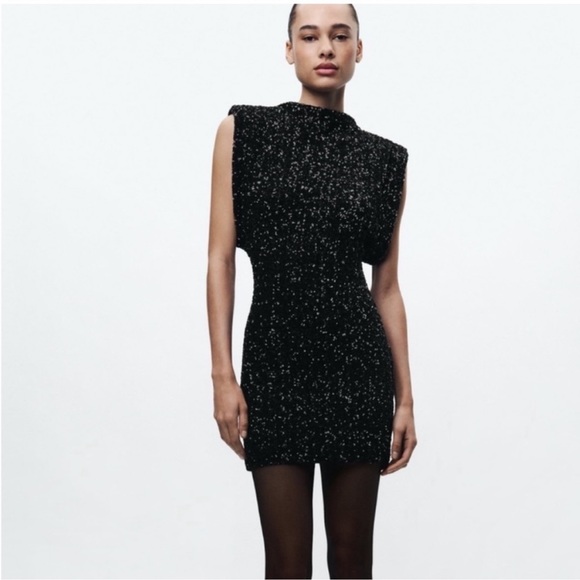 ZARA NWT Sequin Shoulder Pads Dress ZW Collection - Picture 2 of 9